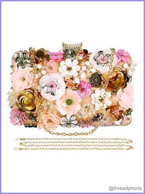 Floral Beaded Pearl Clutch Evening Bag with 2 Chains